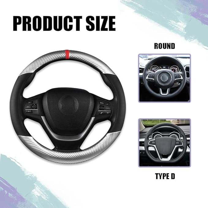 Carbon Fiber Car Steering Wheel Cover, Universal 15 inch Breathable Anti Slip Steering Wheel Covers, Car Interior Accessories for Men and Women, Fit for Most Vehicles (Black/Silver)