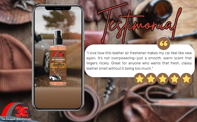3E Car Air Freshener Premium Leather Scent 16 fl oz – Professional Automotive Air Freshener & Odor Eliminator, Long-Lasting Interior Fragrance for Cars, Trucks, SUVs, RV, Home & Office (LEATHER)