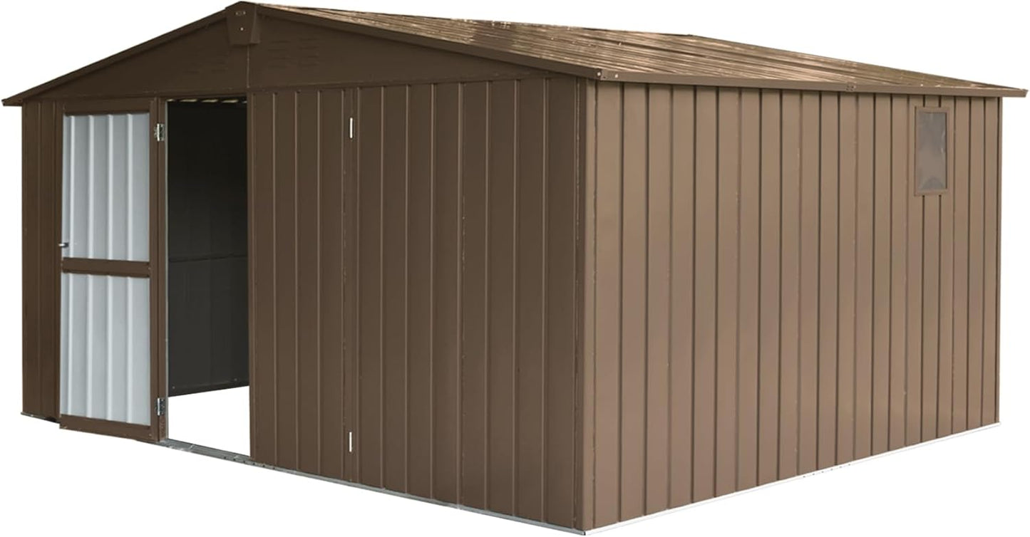 IKERY Extra - Large Galvanized Steel Storage Shed - 11' x 12.5' with Windows and Lock, Garden and Utility Tool Shed for Backyard and Patio, Brown