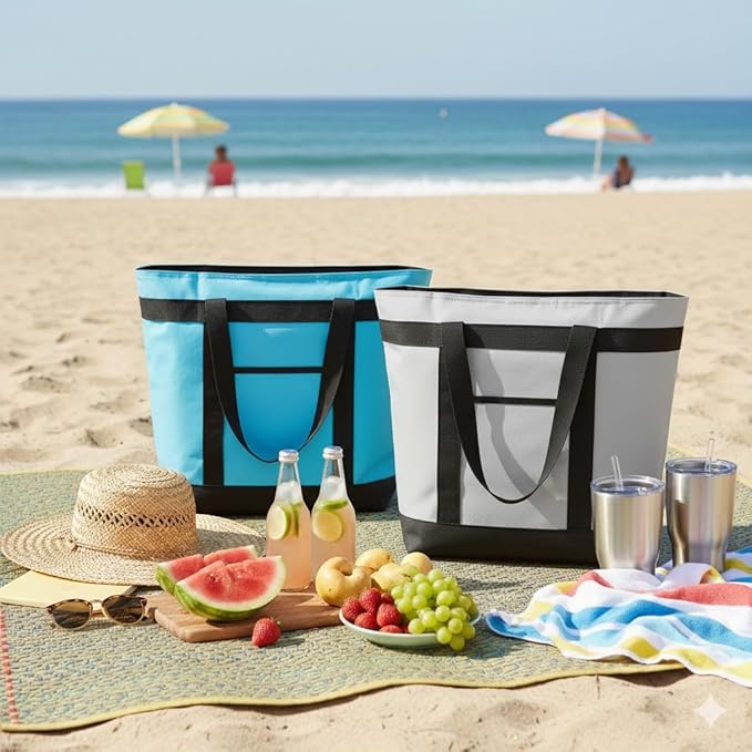 mosago 2PK Reusable Grocery Tote Bags, Insulated Cooler Shopping Bag for Women, Pizza/Food Delivery Bags to Keep Food Hot/Cold for Commercial Food Transport, Cooler Bag for Travel/Picnic, Collapsible