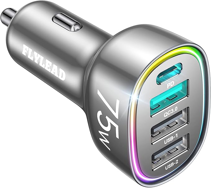 75W Car Charger USB C, 4 Port Super Fast Cigarette Lighter USB Charger, Type C 60W & QC 3.0 Multiport Car Phone Adapter Accessories for iPhone 17/16/15/14/13/12 Pro Samsung S26 Series, Titanium