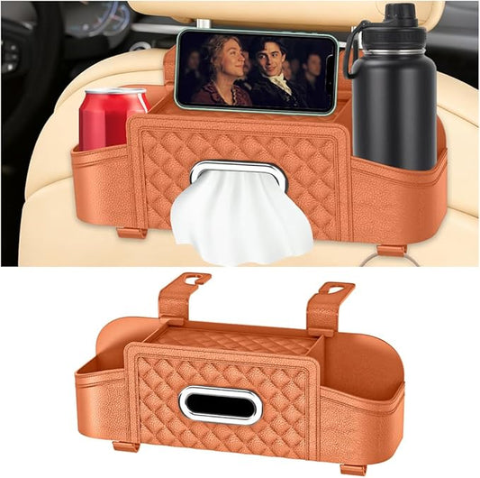 Car Headrest Backseat Organizer, Multifunctional Vehicle Seat Back Hanging Storage Box with Cup Holder and Hooks, Automotive Interior Headrest Storage Organizer, Universal Fit (Orange)