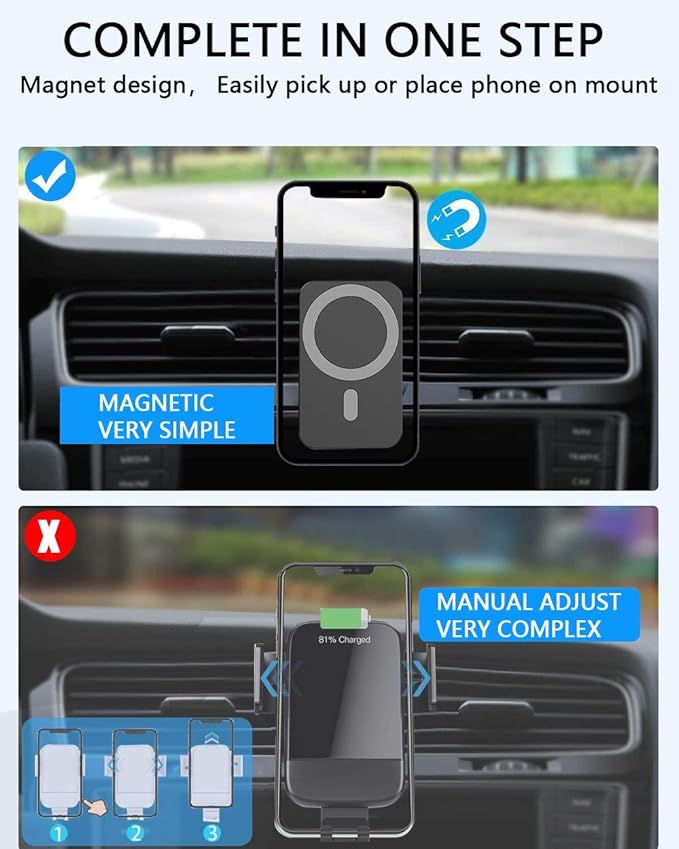 15W Magnetic Wireless Car Charger for iPhone 16/15/14/13/12 Pro Max/Mag-Safe Case, Qi Fast Charging Mount, Dashboard Air Vent Phone Holder for iPhone 16/15/14/13/12