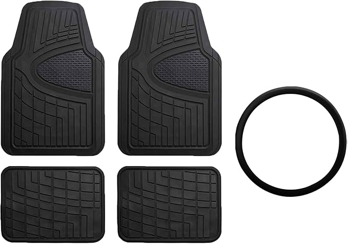 FH GROUP Car Seat Covers Premium Tall Channel Rubber Trimmable Floor Mats w. FH3001 Snake Pattern Silicone Steering Wheel Cover- Universal Fit for Trucks, SUVs, and Vans (Solid Black) F11311