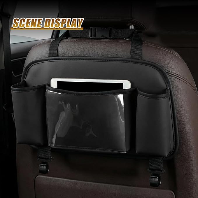 Craedli 3 in 1 Car Back Seat Organizer with Cup Holder & Hook, Multifunctional Car Seat Back Storage Box for Hold Phone Drinks Handbag, Auto Interior Organizer Travel Accessory with Tissue Box (Black)