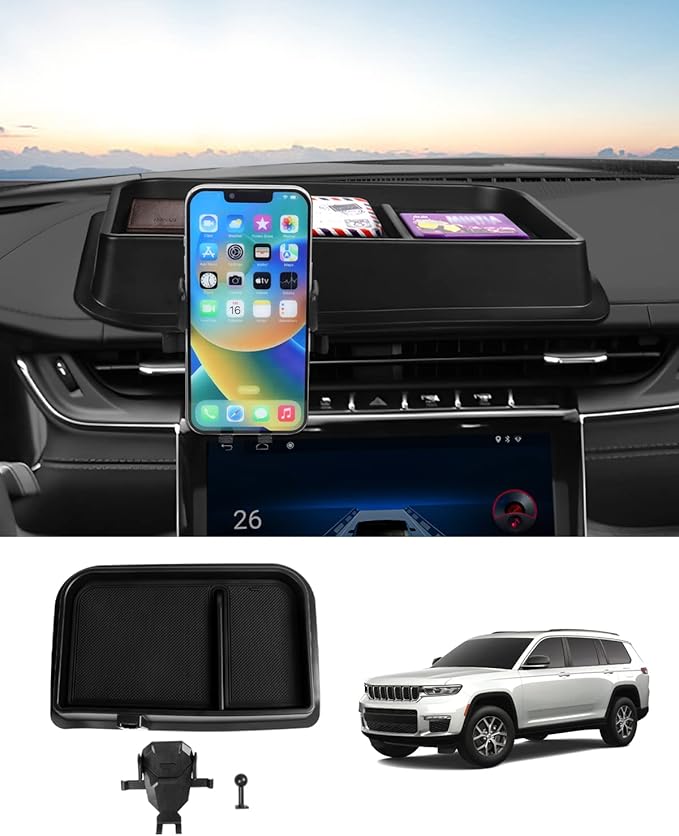 Autorder Phone Holder Mount for Jeep Grand Cherokee 2022 2023 2024 2025/Grand Cherokee L 2021 2022 2023 Center Console Dashboard Organizer with Phone Stand with Anti-Slip Mat