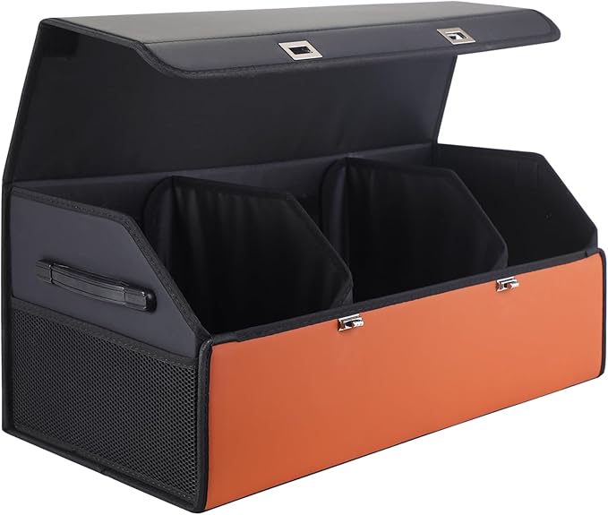 Noaman Leather Trunk Organizer for SUV - Large Car Trunk Storage Organizer with Lid and 2 Removable Dividers, Foldable Car Organizers and Storage Box for Sedan with 2 Metal Locking Clasps Black.