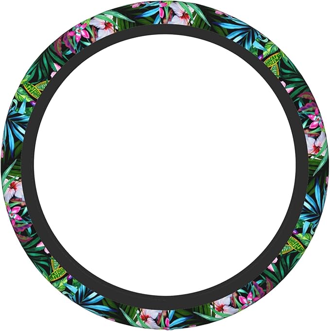 Tropical Car Steering Wheel Cover for Women Frangipani Hibiscus Palms 14-15 Inch Stretch Cloth Anti-Slip Wrap Protector Case Fit Universal Auto Accessories Decor Sweat Absorption (No Tools Needed)