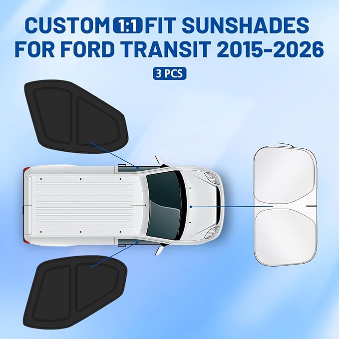 for Ford Transit Van 2015-2026 High and Medium Roof Front Windshield & Side Window Covers, Foldable 3-Piece Window Shades Set, Custom Fit Sunshade Visor for UV & Heat Block, Cargo Van Accessories