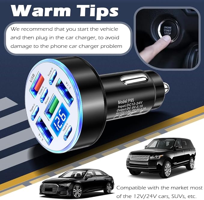 8 Port Type-C & USB Car Charger Adapter with 25W Fast Charging,12/24V Car Cigarette Lighter USB Charger with Voltage Display & Flexible Light,Upgraded Fast Cars Chargers