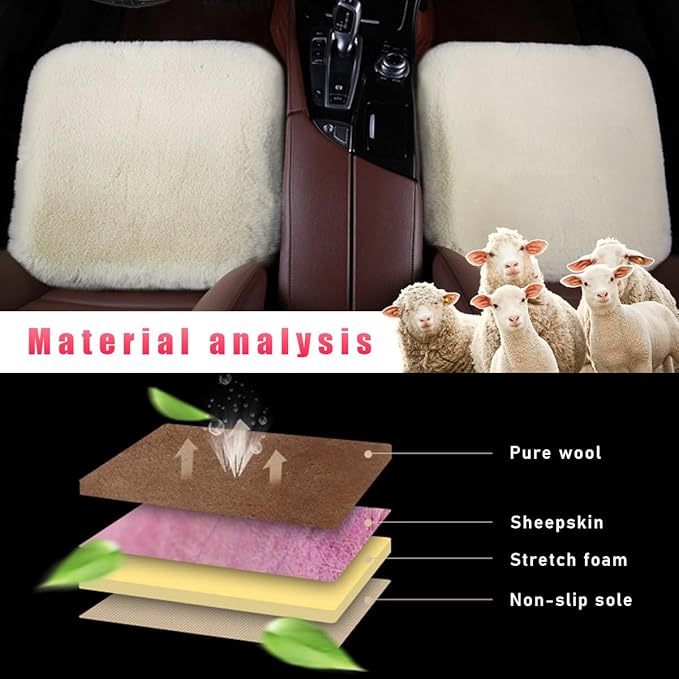 Sheepskin Car Seat Cushion, Comfortable Soft Fur Wool Auto Front Seat Cover, Vehicle Seat Protector Pad for Warm Winter Office Chair, Universal Decor Car Accessories (Beige)