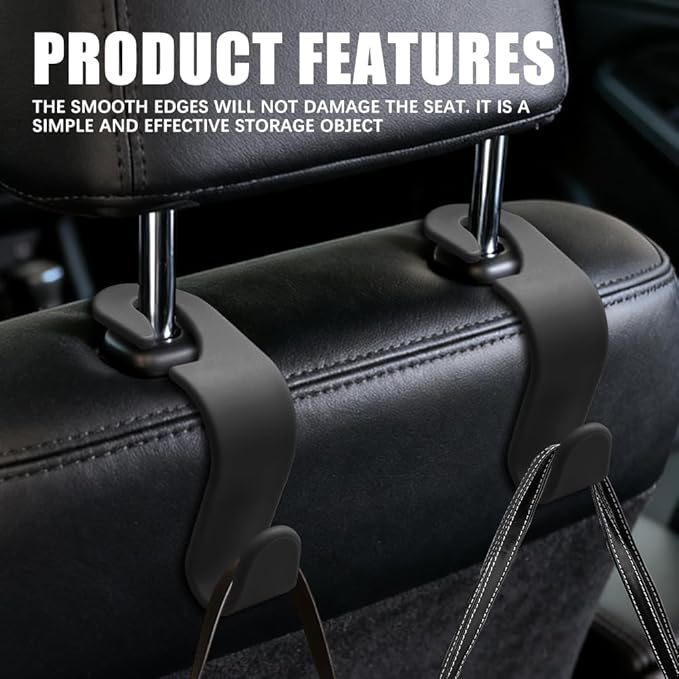 4PCS Car Seat Headrest Hooks, Purse Hook for Car, Auto Back Seat Organizer Storage Hanger Holder, Auto Accessories Multi-Use Portable Headrest Organizer Holder for Purse Handbag Coats (Black)