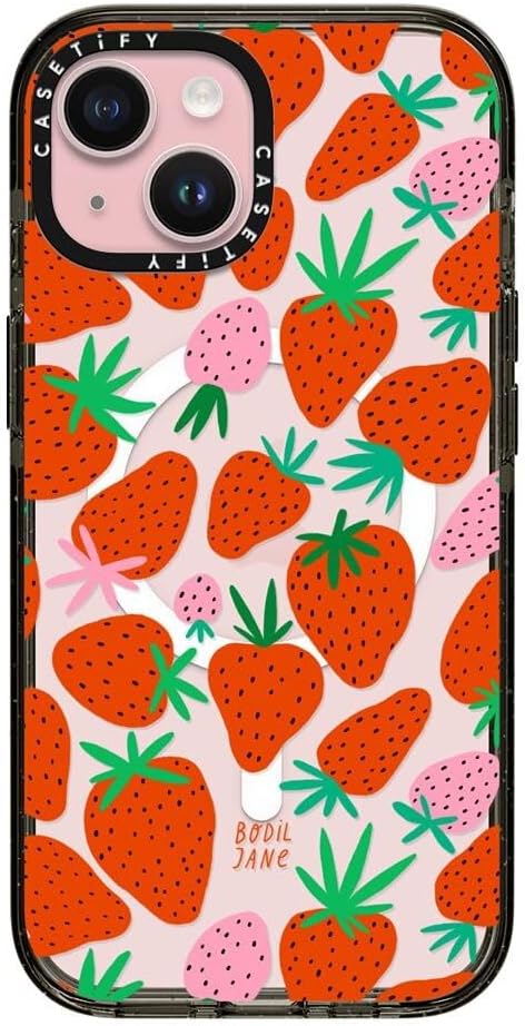 CASETiFY Impact iPhone 15 Case [4X Military Grade Drop Tested / 8.2ft Drop Protection/Compatible with Magsafe] - Pattern Print - Strawberries - Clear Black