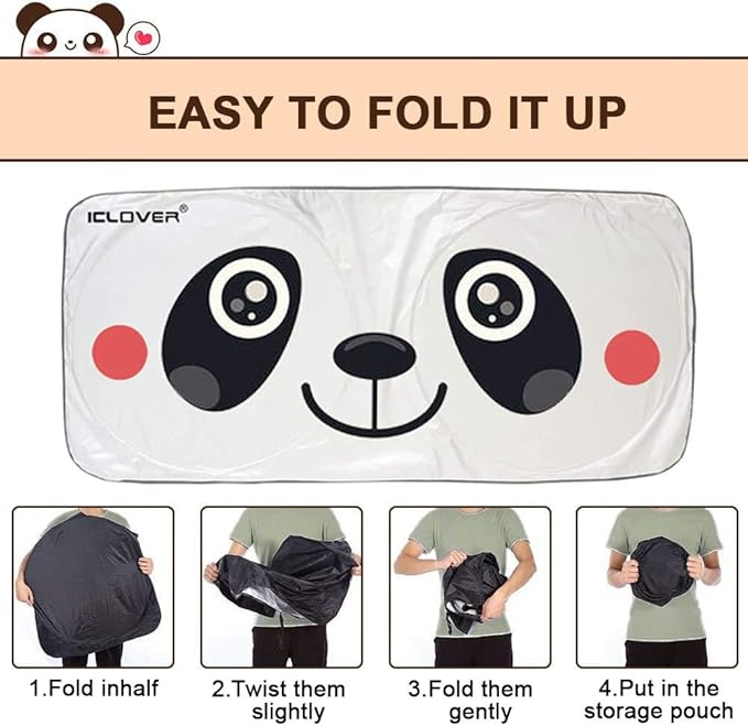 IC ICLOVER Car Windshield Sunshade with Pet Design, Cute Cartoon Design Front Auto Car Windshield Sun Shade Folding Silvering Sun Visor - UV Coating for UV Ray Deflector (Panda)