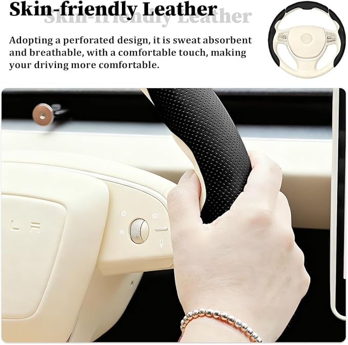3PCS Car Steering Wheel Cover, Nappa Leather Breathable Non-Slip Segmented Steering Wheel Protector, Snap-on Auto Interior Decoration Accessories, Universal Fit (Black)