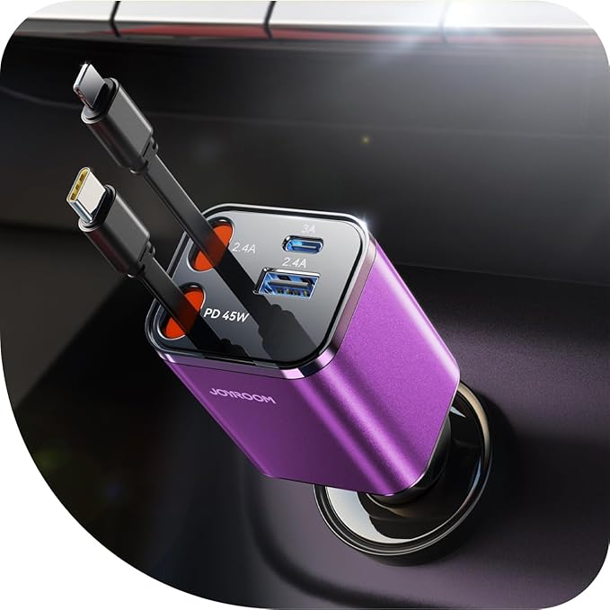 [2026 Ultra-Compact] Retractable Car Charger USB C 84W Car Accessories Adapter for iPhone 16 Fast Charging, Car Travel Essentials Gifts for Women Men, Car Phone Charger for iPhone15 Pro Max, Purple