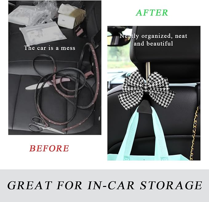 2 PCS Car Seat Headrest Hooks, Cute Bow Shaped Vehicle Backseat Storage Hooks, Leather Bow Shaped Sturdy Car Seat Back Hooks for Purses/Coats/Umbrellas, Car Accessories (Houndstooth)