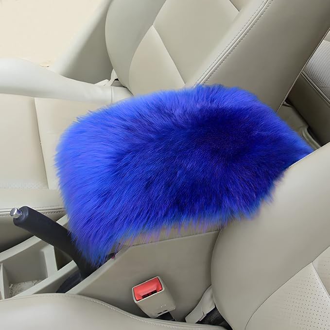 Furry Auto Center Console Cover Pad, 11.8"x7.8" Soft Sheepskin Wool Armrest Cushion, Fluffy Vehicle Armrest Seat Box Protector, Car Interior Accessories for Women Men (Deep Blue)