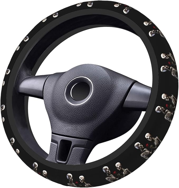 Skull Skeleton Red Rose Love Steering Wheel Cover Men, Comfortable Elastic Steering Car Wheel Cover Fit 15 inches Universal Accessories Suvs Trucks Decor