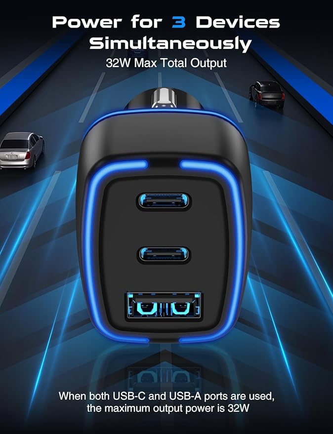 USB C Car Charger, 3 Port PD Super Mini Cigarette Lighter Adapter, 2Pack USB-C & A Fast Car Charging for iPhone 16/15 Pro Max, Galaxy S25/S24, iPad, Pixel, Android Phones,Travel Essentials for Men