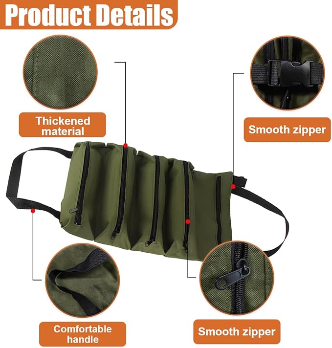 YoRise Car Seat Organizer, Oxford Cloth Roll Up Tool Bag With 5 Zipper Pockets, Hanging Back Seat Car Organizer, Portable Waterproof Vehicle Storage Accessories for Cars, Trucks, SUVs (Green)