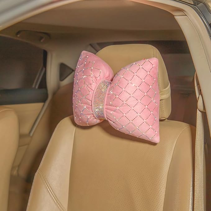 Car Headrest Pillow Pink Sparkly Bling Rhinestone Accessories for Women Bow Seat Neck Support Pillow for Travel Driver Chair Head Rest 2pcs