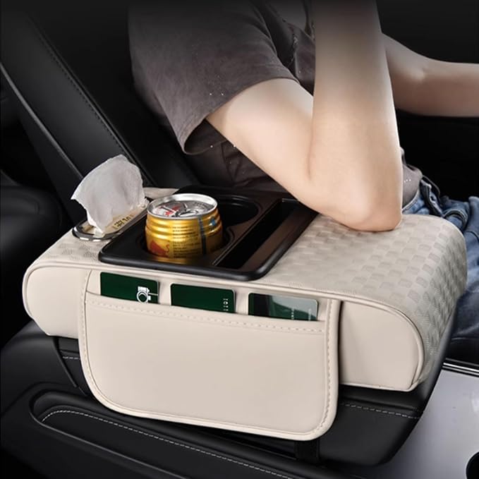 Car Arm Rest Cushion for Mazda CX-5, Center Console Armrest Pillow Car Armrest Pad Trucks with Cup Holder, Armrest Pad Storage Bag(White)