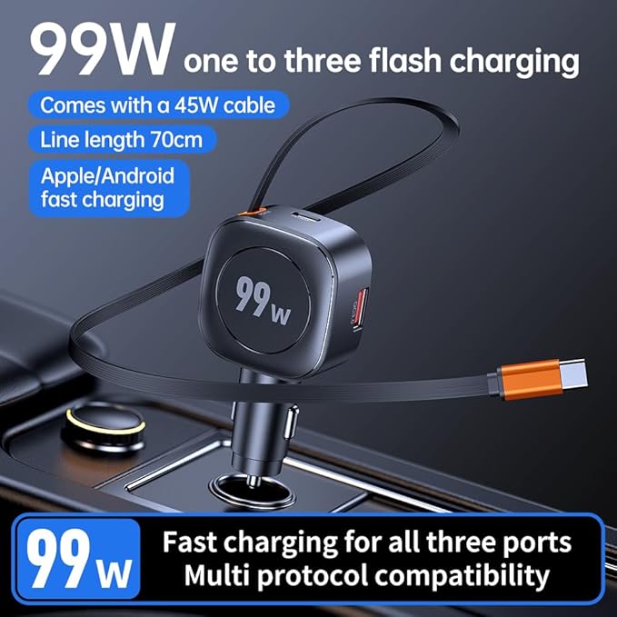 Retractable Car Charger, 99W USB C Car Charger Adapter, 3-in-1 Multi Port Fast Charging Car Accessories Compatible with iPhone 17/16/15 Series