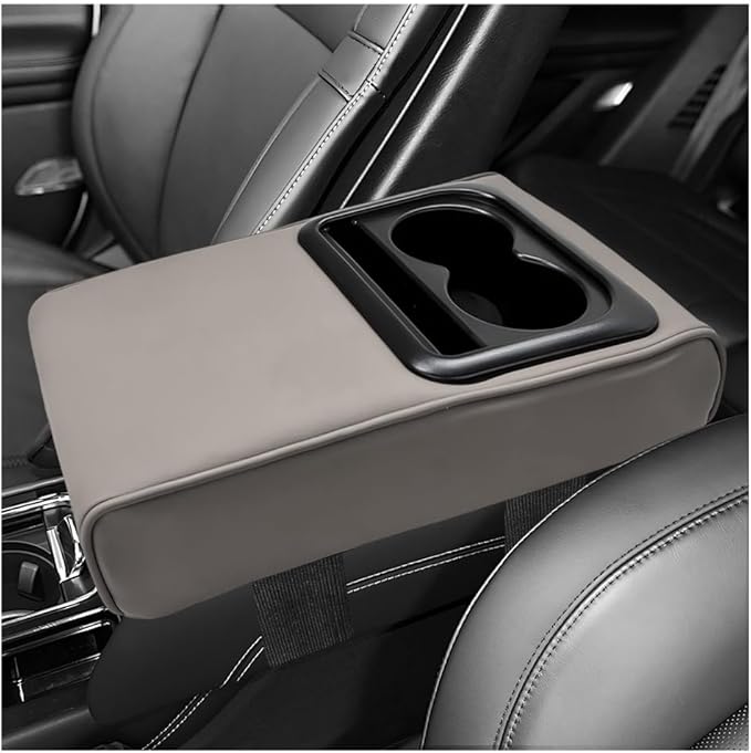 Car Center Console Armrest Pillow, 14"×8.3" Waterproof Leather Armrest Box Cover with Cup and Phone Holder, Soft Memory Foam Arm Rest Console Pad Protector for SUV Truck (Gray, Glossy)