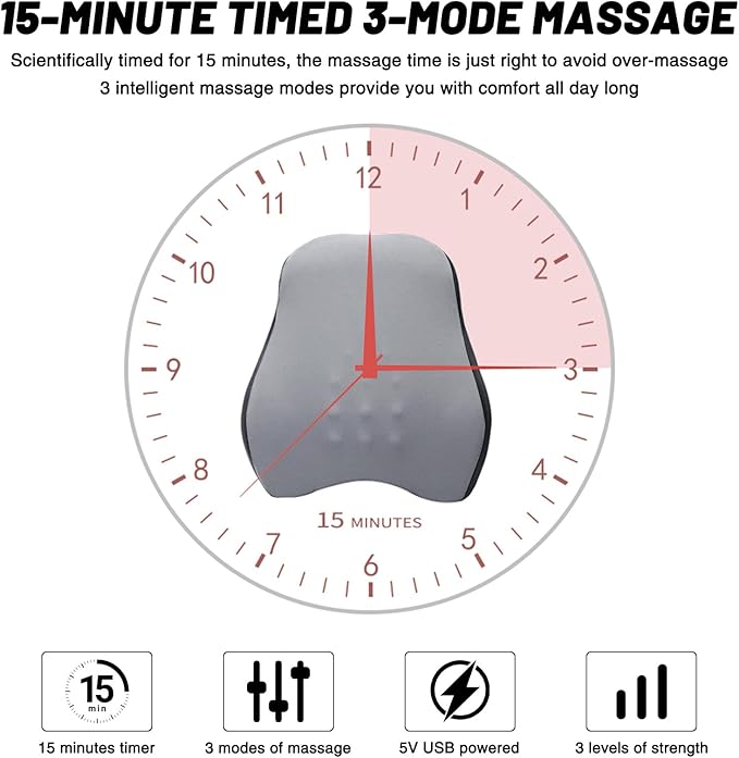 Lumbar Support Pillow for Office Chair Lumbar Support Pillow for car Heated Vibrating Pillow Back Support for Office Chair for Recliner 3 Heating Levels & 4 Motors & 3 Intensities, Gifts,Gray
