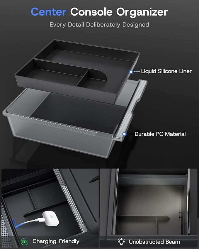 Center Console Organizer Tray for 2025 2026 Tesla Model Y Juniper (Premium & Performance) & All Model 3 Highland, Durable PC +Silent Silicone Liner Armrest Storage Box Wireless Charging Pad 4PCS