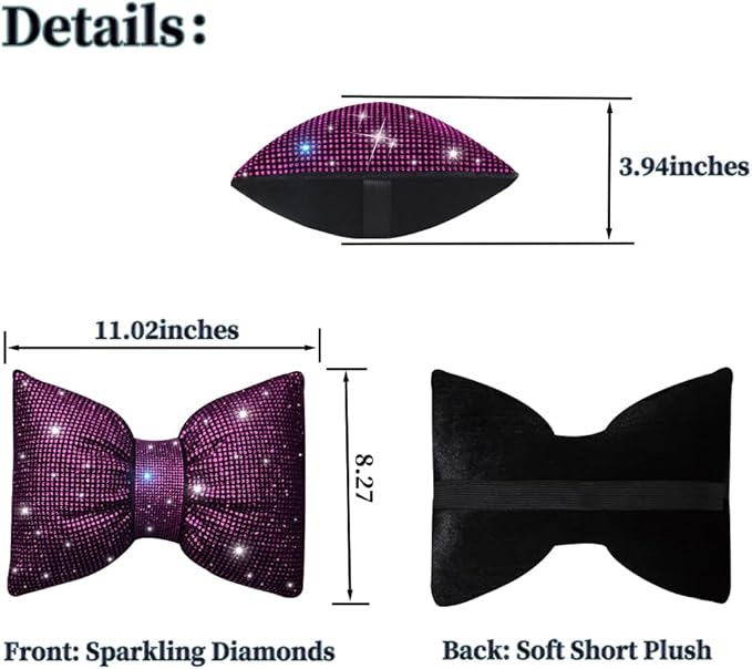 Crystal Seat Head-Rest Pillow Bow Tie Car Neck Headrest Cushion Bling Bling Rhinestones Diamond for Car Girls and Women Neck Support Interior Bling Accessories Purple 2Pcs