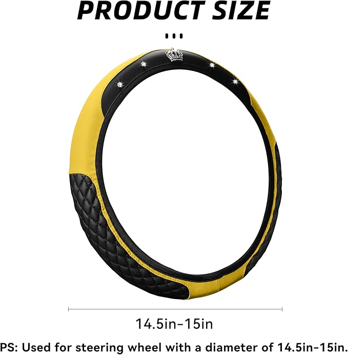 Bling Car Steering Wheel Cover, Diamond Leather Crystal Rhinestones Vehicles Steering Wheel Protector, Sparkling Anti-Slip Automotive Interior Decoration Accessories, Universal Fit (Yellow)