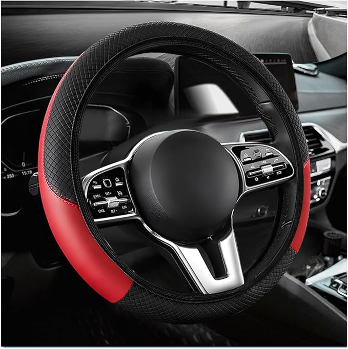 Car Steering Wheel Cover, 15 Inch Anti-Slip Stretch Leather Steering Wheel Protector, Comfortable Breathable Sporty Steering Wheel Cover for Women Men, Car Accessories (Black & Red, AD)