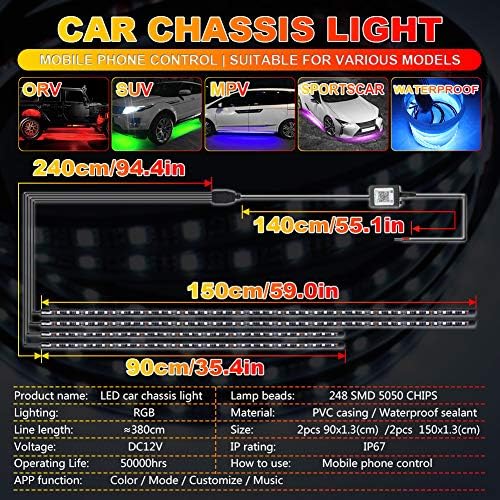 Dream Color Underglow Lights, Exterior LED Light Kits 4pcs (2 x 59inch+2 x 35inch) With App Control, Sync to Music for Cars, SUVs, Trucks - DC12V