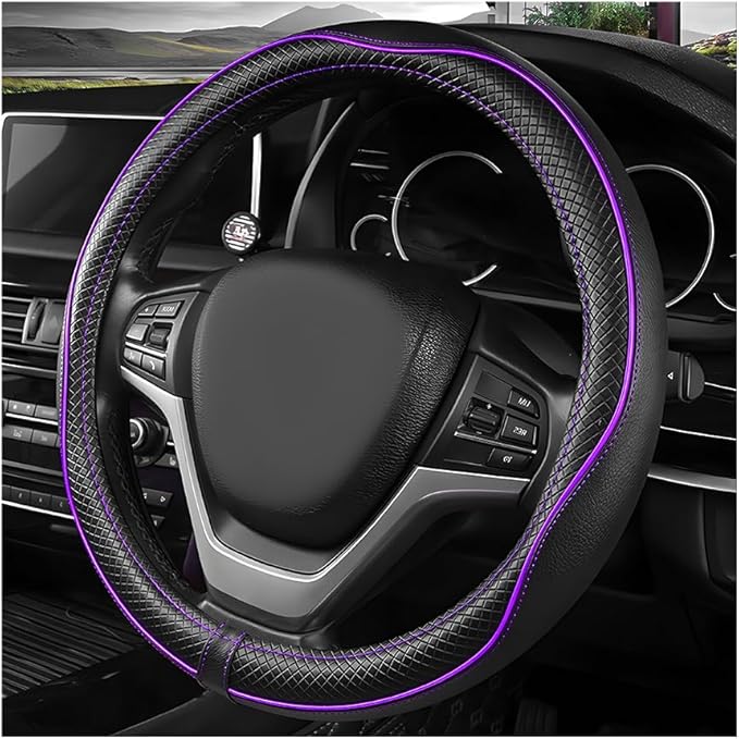 Car Steering Wheel Cover, 15 Inch Anti-Slip Breathable Leather Auto Steering Wheel Protector, Full Surround Soft Steering Wheel Cover for Men Women, Car Interior Accessories (Black & Purple)