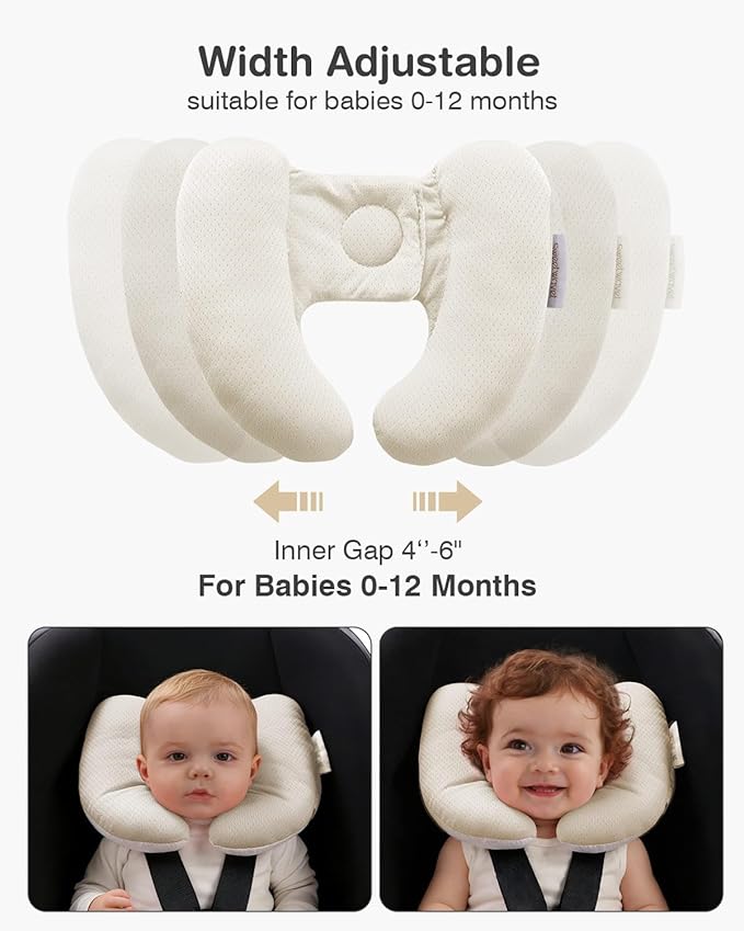 Baby Neck Pillow for Car Seat and Stroller, Adjustable Baby Head Support Pillow for Travel, Soft and Cushiony Torticollis Pillows for Infant and Newborn (Beige)