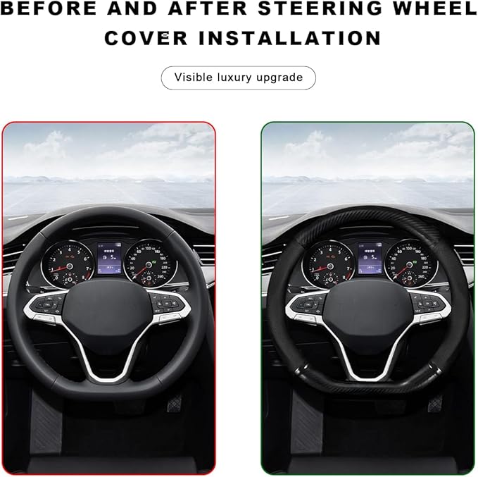Car Breathable Steering Wheel Cover, Carbon Fiber Wear-Resistant D Shape Steering Wheel Protector for Comfy Grip, Universal Non-Slip Leather Wheel Sleeve for Most Car SUV Truck (Black)