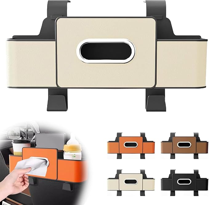 Car Back Seat Organizer, Multifunctional Car Seat Back Storage Box with 2 Cup Holders, Tissue Box for Hold Phones,Snacks, Drinks, Handbags (Beige)