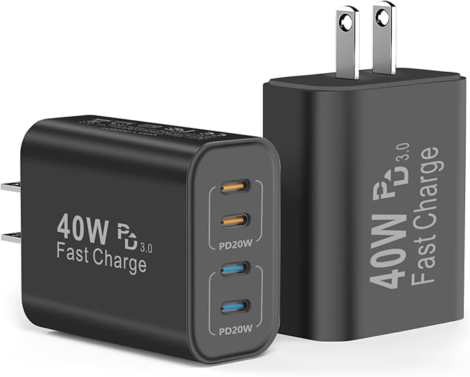 40W USB C Charger Block, 2-Pack, 4 USBC Ports, Type C Wall Plug USB-C Fast Charging, iPhone Charger Adapter Box Cube for iPhone 17,17 Pro, 17 Pro Max,16, 15, 14, 13, 12, Samsung Phone-Black