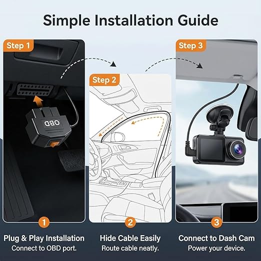 OBD2 Power Cable for Dash Camera, Micro OBD Adapter with 24-Hour Parking Mode, Acc Mode, Low Voltage Protection, 11.48FT Cable for Dash Cams, GPS, DVR, and More, 12V-36V to 5V/3A