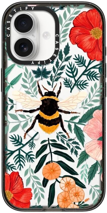 CASETiFY Impact iPhone 17 Case [Slim/Compatible with Magsafe / 8.2 ft. 4X Military Grade Drop Protection] - Bee in The Flowers - Clear Black