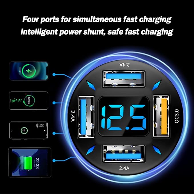 2Pcs 66W Fast USB Car Charger Fast Charge with Voltmeter LED Light Display Car Charger Adapter Compatible for iPhone 14/13/12/11pro/x/8/S22/S22+/Ultra/S21/S10/S9 (2Pcs Black)