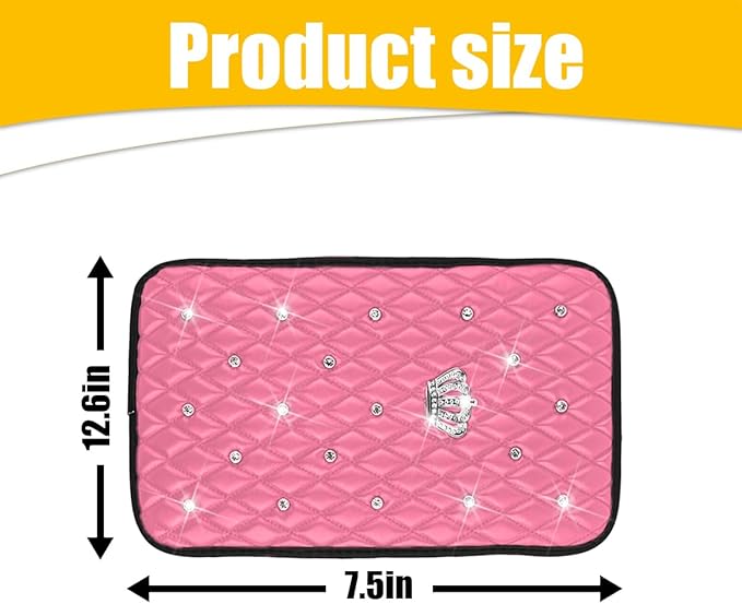 Mandark Bling Car Center Console Cover, Rhinestones Crown Vehicle Armrest Seat Box Mat Pad, Diamond Automotive Interior Arm Rest Cushion Protector Decor Accessories, Universal Fit(Pink)