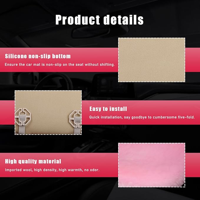 Sheepskin Car Seat Cushion, Comfortable Soft Fur Wool Auto Front Seat Cover, Vehicle Seat Protector Pad for Warm Winter Office Chair, Universal Decor Car Accessories (Pink)