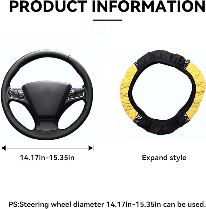 Bling Car Steering Wheel Cover, 15 Inch Rhinestones Soft Leather Elastic Steering Wheel Protector, Sparkly Crystal Diamond for Women Girls, Car Interior Accessories for Most Cars (Yellow)