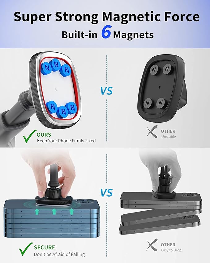APPS2Car Magnetic Phone Mount, Dashboard & Windshield Suction Cup Car Phone Holder Mount with 6 Strong Magnets, Adjustable Telescopic Arm, Compatible with iPhone & Android Smartphones