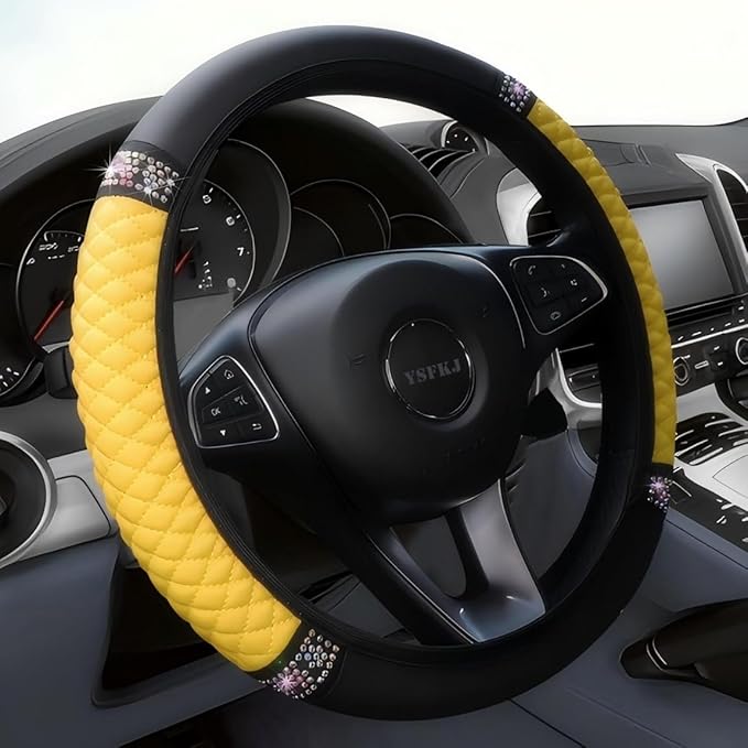 Soft Leather Car Steering Wheel Cover, Universal 15 Inch Colorful Rhinestones Anti-Slip Elastic Steering Wheel Covers for Most Cars, Sparkly Crystal Diamond for Women Girls (Yellow)