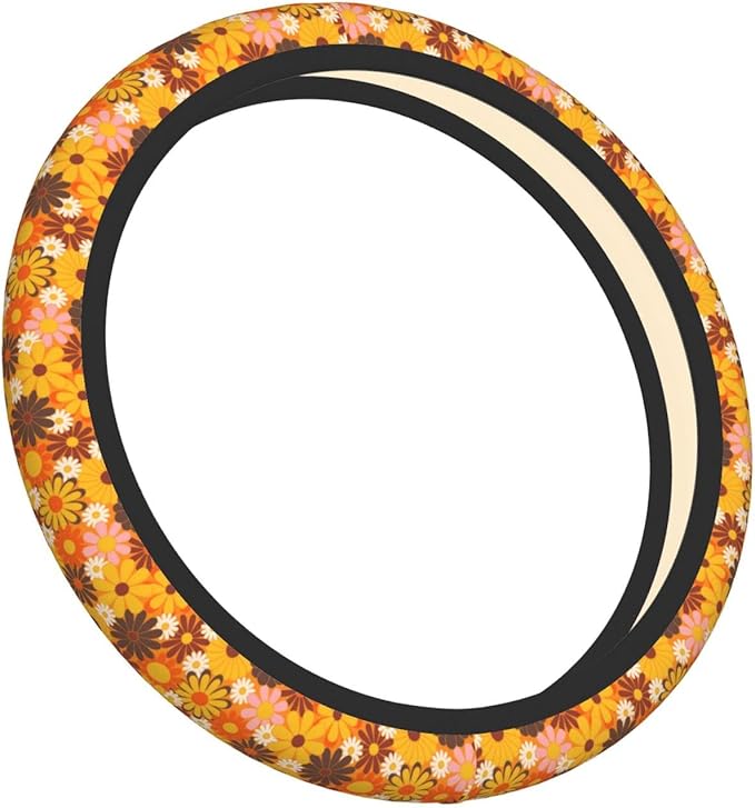 Yellow Hippie Floral Auto Car Daisy Steering Wheel Cover Universal 15 Inch Neoprene Interior Decor Protection Accessories
