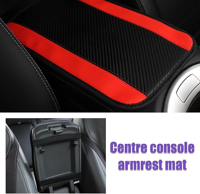 Car Center Console Pad, PU Leather Auto Armrest Seat Box Cover Protector, Comfortable Arm Rest Storage Box Mat for Vehicle Interior Protection, Universal Car Accessories (Carbon Fiber Red)